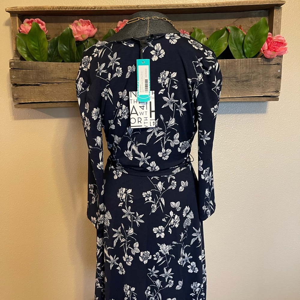 Navy and white floral faux wrap dress.